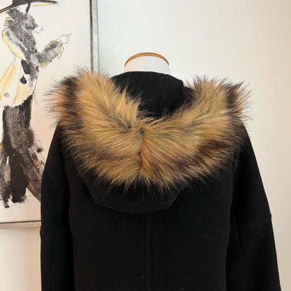 J. Crew Women's Black Stadium Cloth Wool Coat with Faux Fur Hood Size 0 - Picture 5 of 10